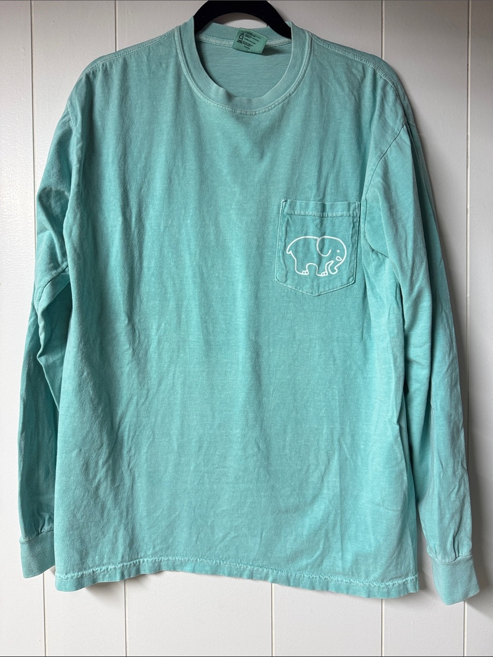 ivory ella Mint Green Long Sleeve Pocket Tee with Elephant Graphic